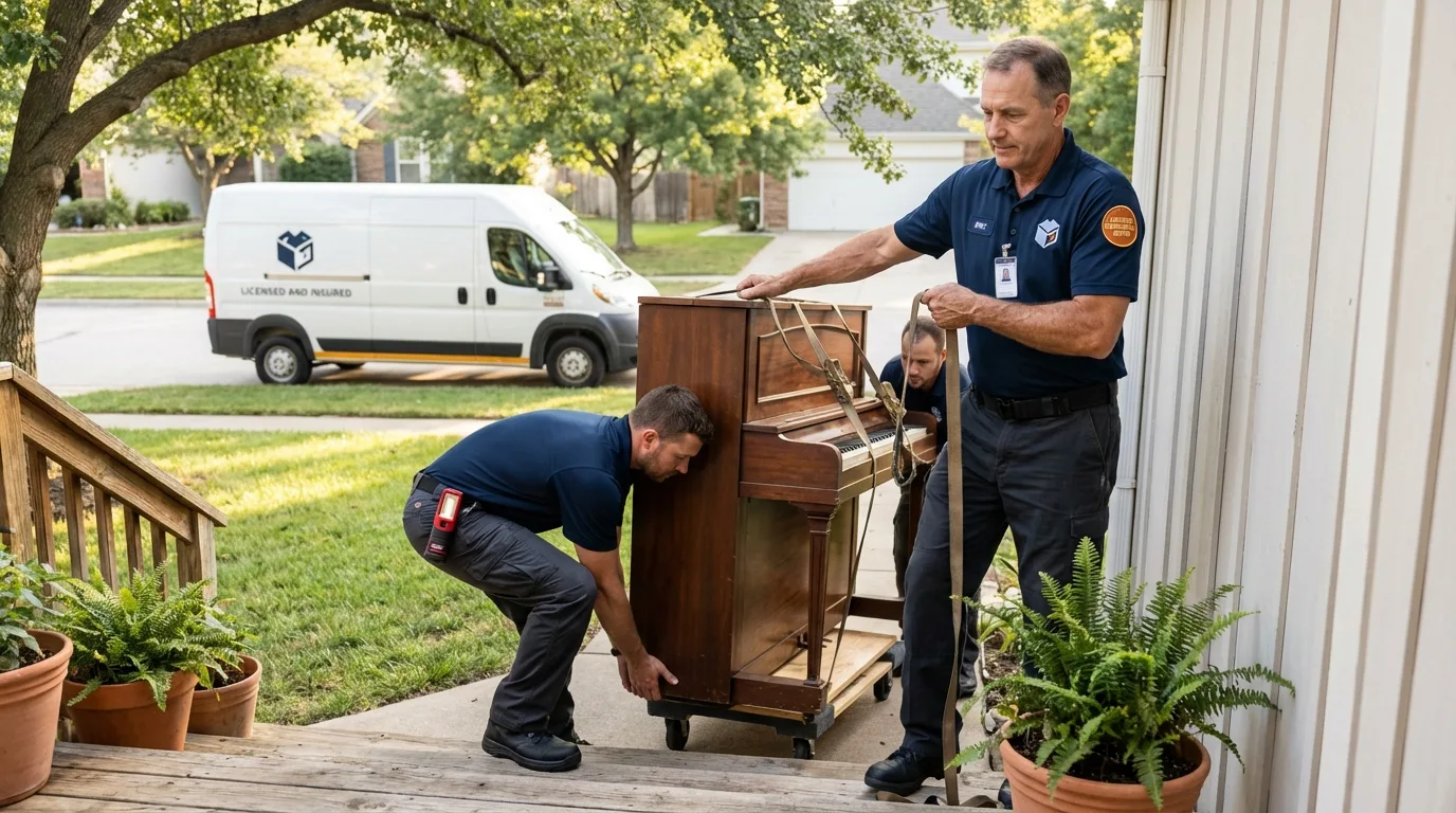 Licensed piano movers securing grand piano in Saint Joseph, LA