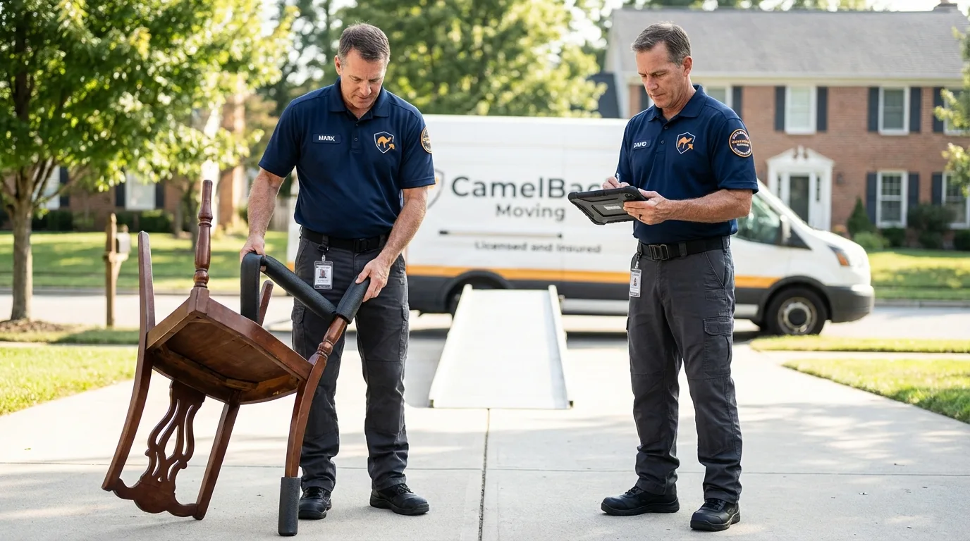 Movers inspecting furniture for damage prevention before loading in Saint Joseph, LA