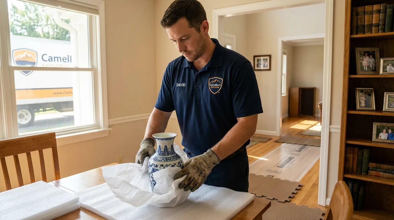 Professional crew carefully wrapping antique vase for senior downsizing move in Saint Joseph, LA